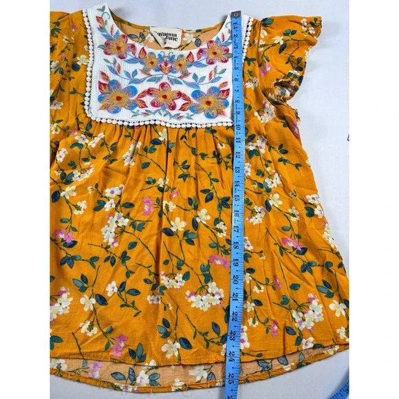 Savanna Jane Cottagecore Yellow Floral Embroidered Boho Pom Pom Trim Blouse M - Picture 12 of 13